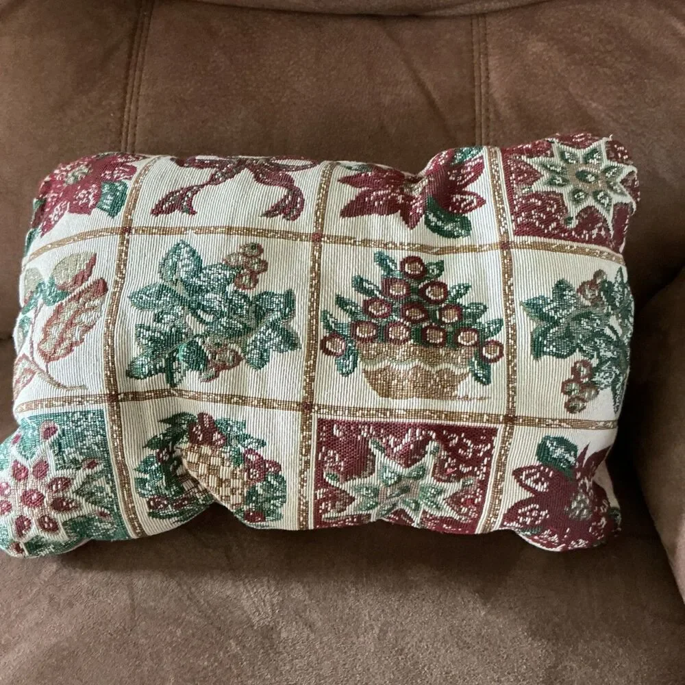 Vintage Christmas Tapestry Accent Pillow Woven Poinsettia Holly Wreath Holiday